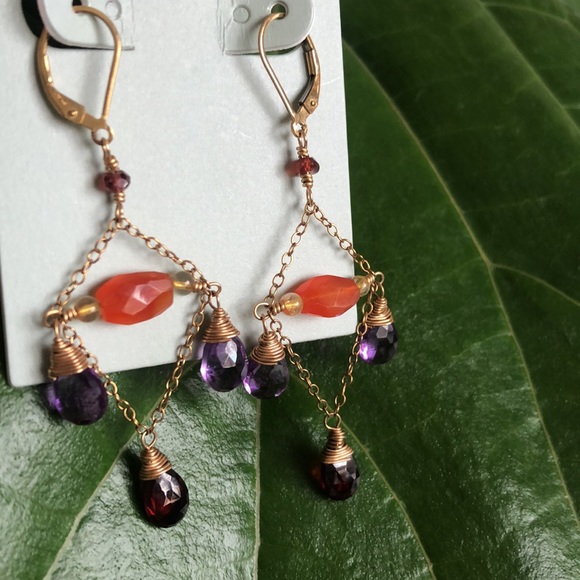 Agapantha Gold Fill Vintage Gemstone Crystal Chandelier Earrings Chain Amethyst - Picture 4 of 4